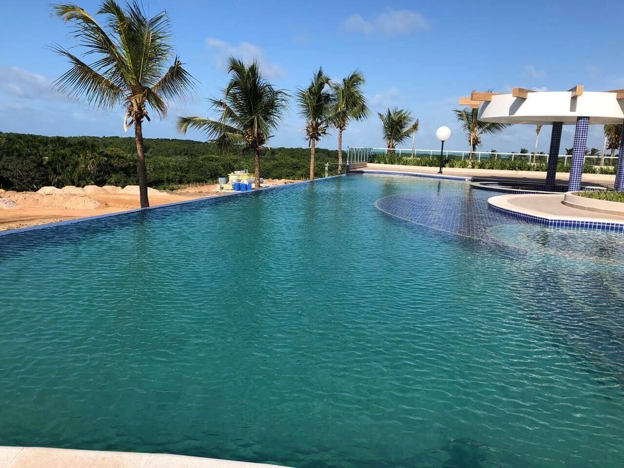 A clear blue pool with palm trees and a beach in the background.