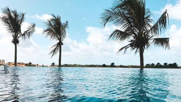 A swimming pool with clear blue water, surrounded by palm trees and a clear sky. - Condomínio Salinas Park Resort (Salinópolis)