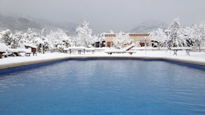Una piscina con vistas a un edificio y árboles cubiertos de nieve.