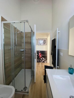 Douche, sèche-cheveux, bidet, serviettes fournies