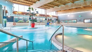 Ein Hallenbad mit Holzbalkendecke, großen Fenstern und Topfpflanzen.
