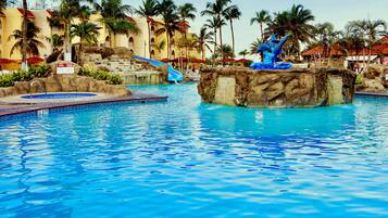 Outdoor pool, pool umbrellas, pool loungers