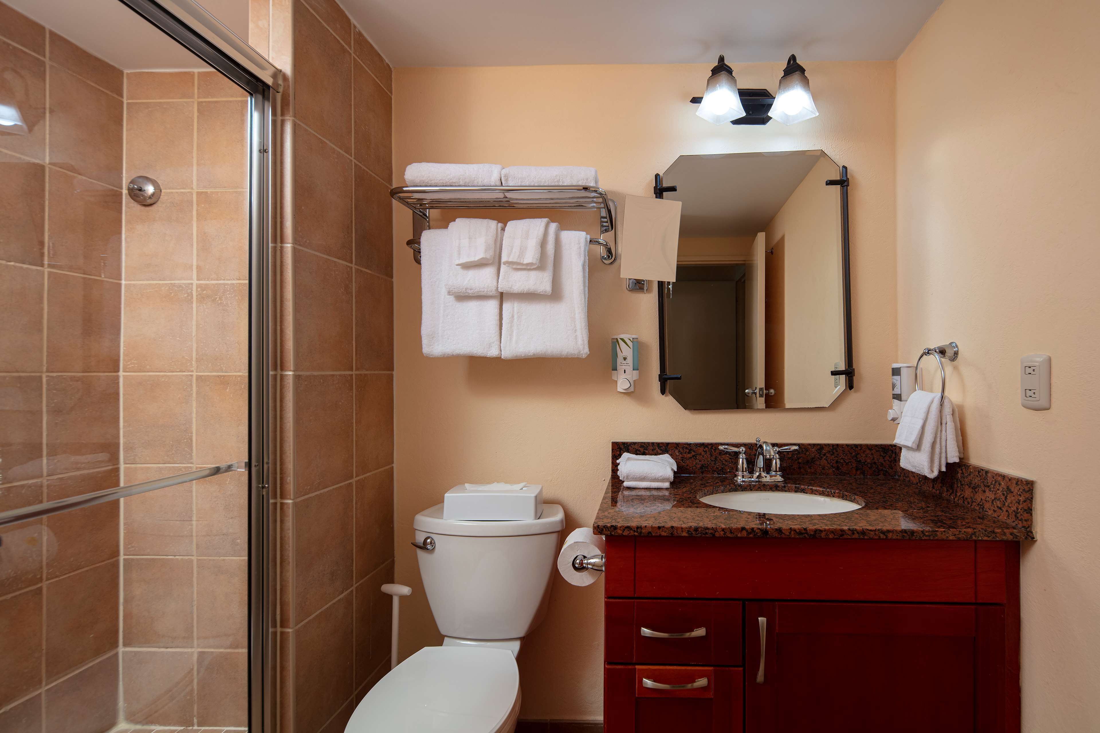 rainfall showerhead, free toiletries, hair dryer, towels