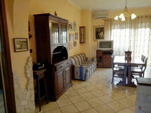 TV, DVD player, books, stereo
