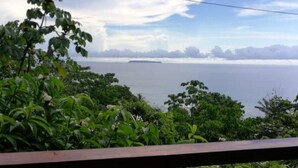 A view from a wooden deck overlooking a lush green landscape and a body of water. - Bungalow 11 in Lodge Punta Marenco (Drake)