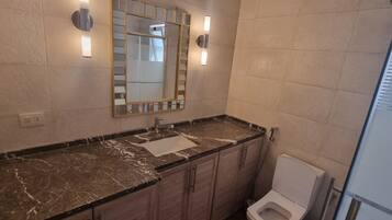 Ensemble douche/baignoire, sèche-cheveux, bidet, serviettes fournies