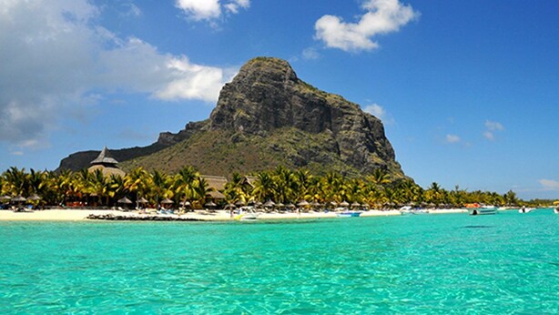 A beach with clear turquoise water, a large mountain in the background, and a row of palm trees and beach umbrellas.