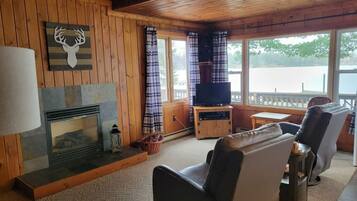 Smart TV, fireplace, books