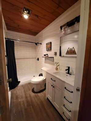 Combined shower/bathtub, hair dryer, towels