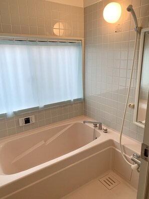 Ducha y bañera combinadas, secador de pelo, toallas y jabón