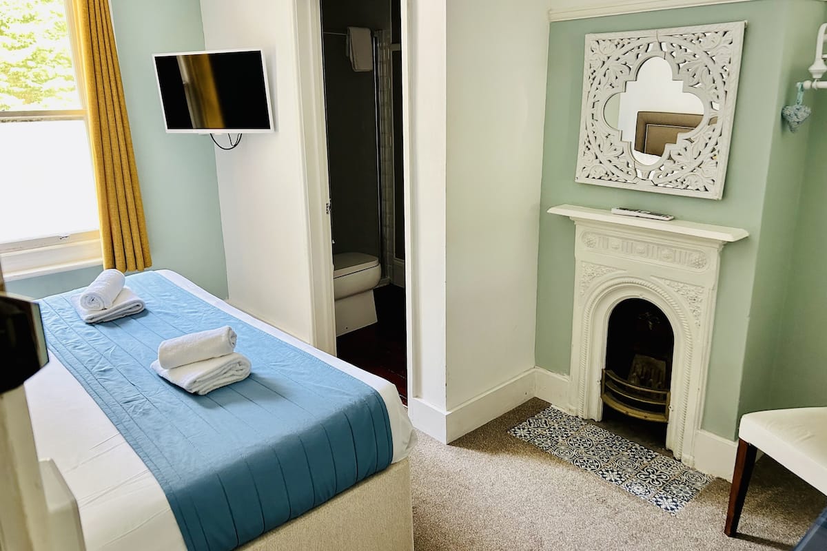 A bedroom with a bed, a TV, a bathroom with a shower, and a fireplace.