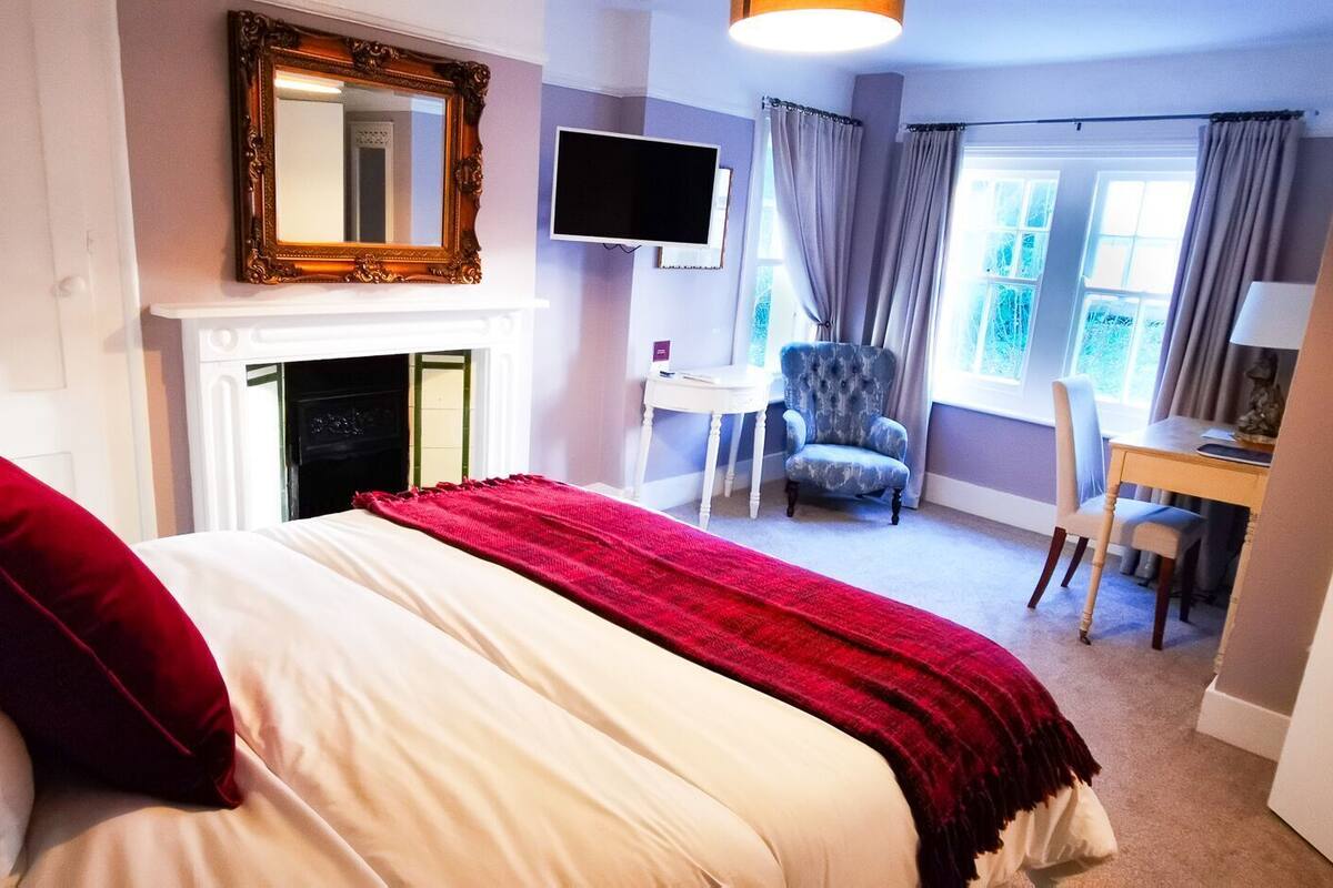 A bedroom with a bed, a fireplace, a TV, a chair, and a desk.