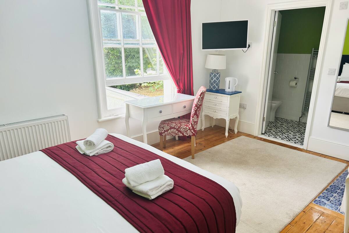 A hotel room with a bed, a desk, a chair, a TV, and a shower area.
