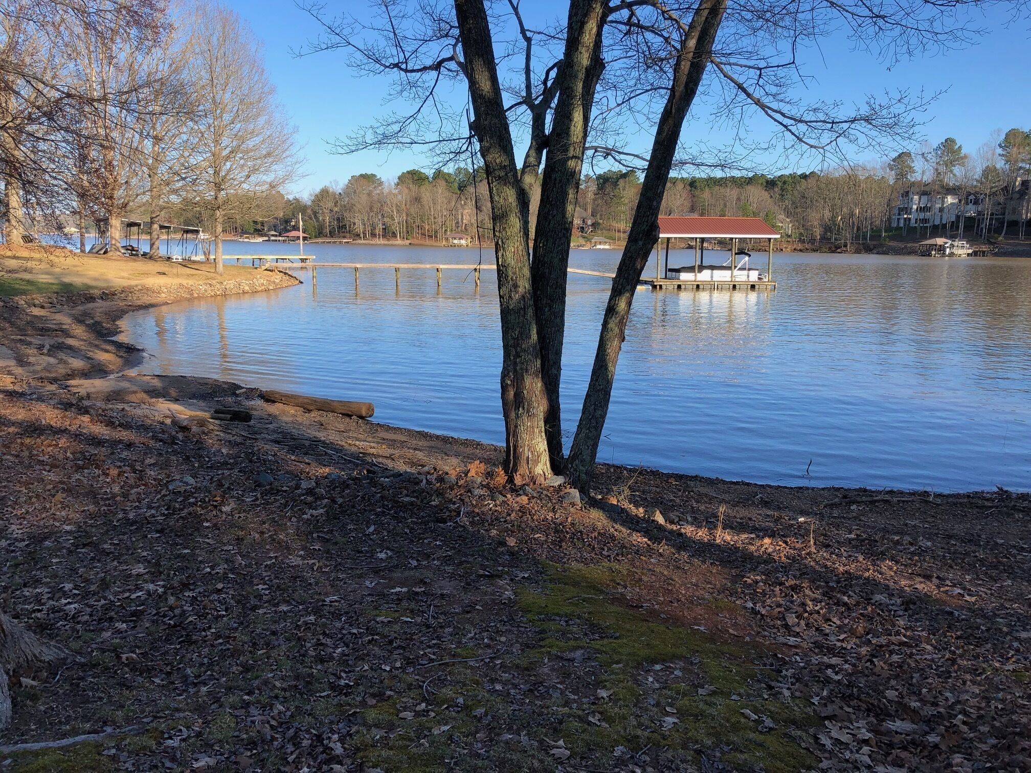 Une vue sur le lac, avec un quai, des arbres et des bâtiments en arrière-plan.