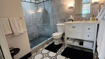 Un bagno moderno con doccia, toilette e lavabo.