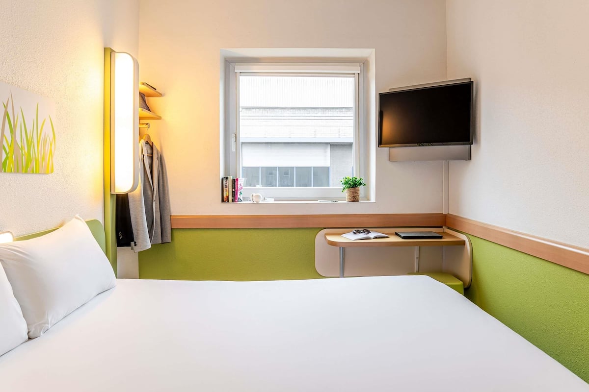 Una habitación de hotel con una cama, un escritorio, un televisor, una ventana con vistas y una planta en el alféizar.