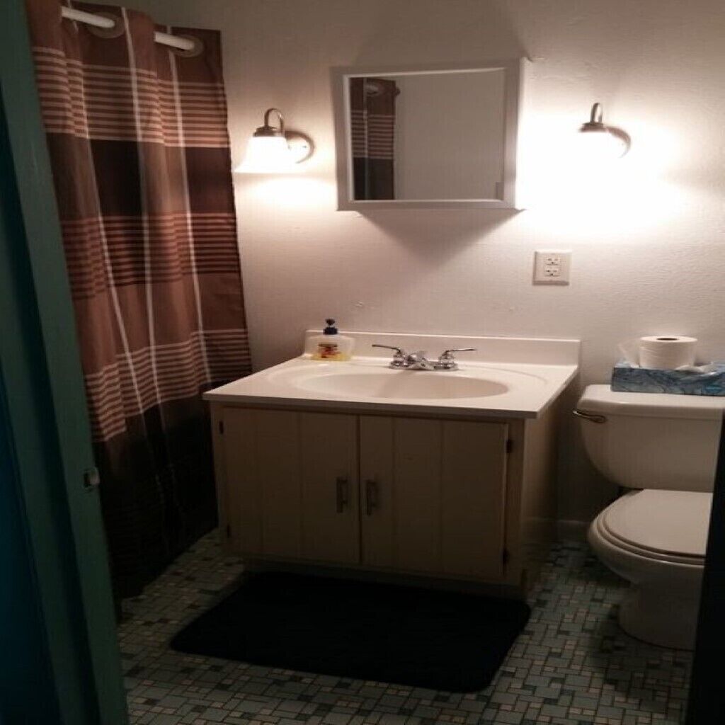 A bathroom with a white sink, a mirror above it, a toilet, and a shower curtain.
