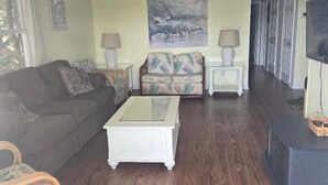 Un salon comprenant un canapé, une table basse, un fauteuil à motifs et un téléviseur.