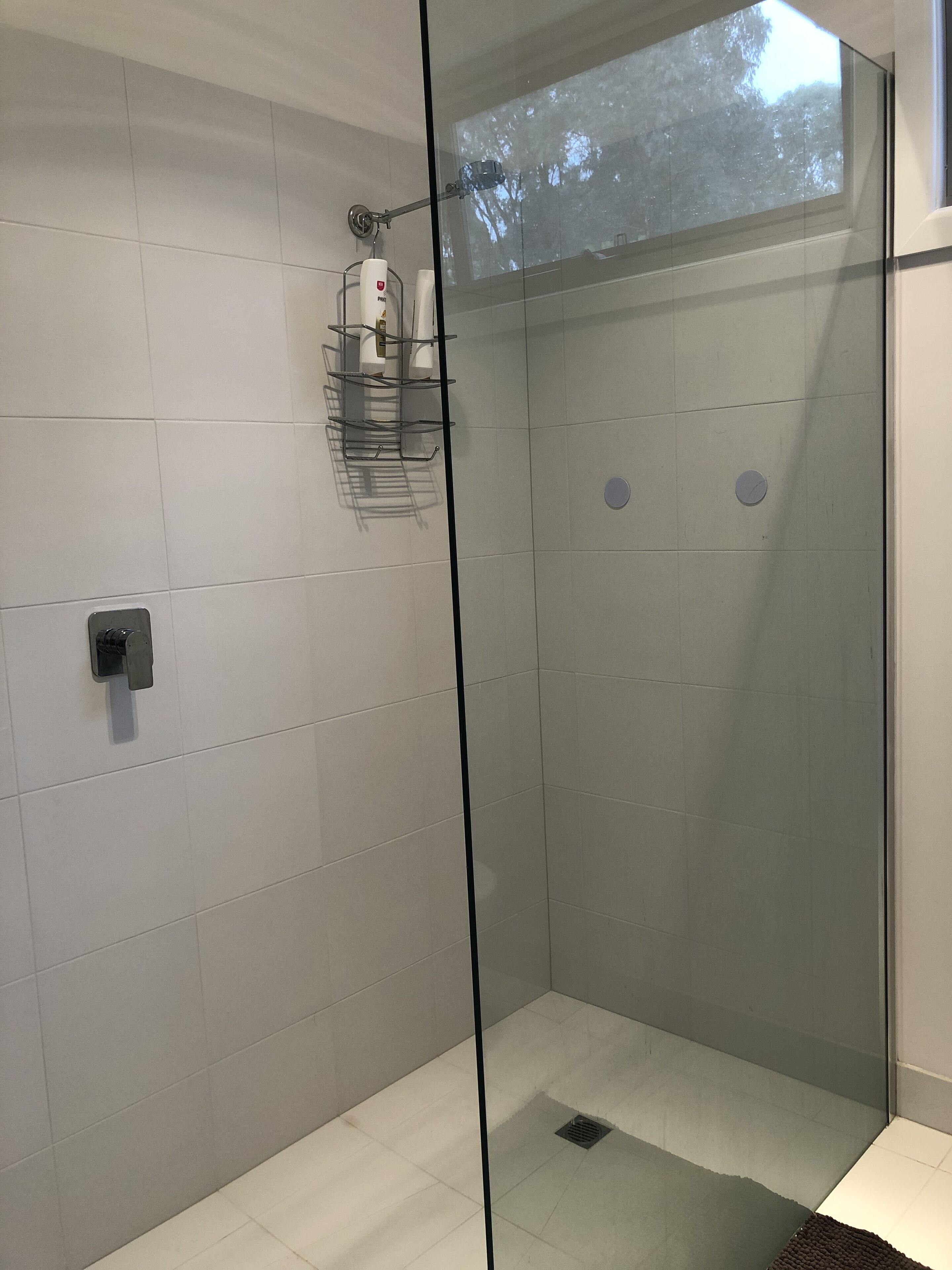 Shower, hair dryer, towels, toilet paper