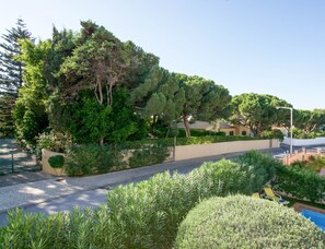 Un espace aménagé avec un chemin pavé, une végétation luxuriante et une piscine dotée de chaises longues.