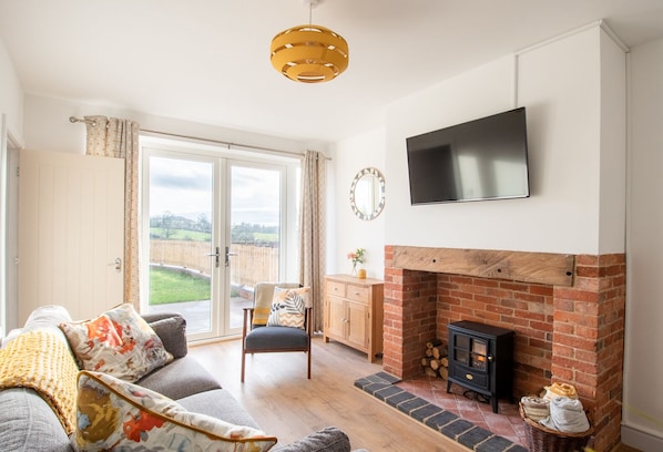 Älytelevisio, takka, kirjoja