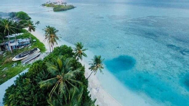 Vista costera con playa, palmeras y una pequeña isla con edificios.
