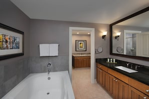 Combined shower/tub, hair dryer, towels, soap