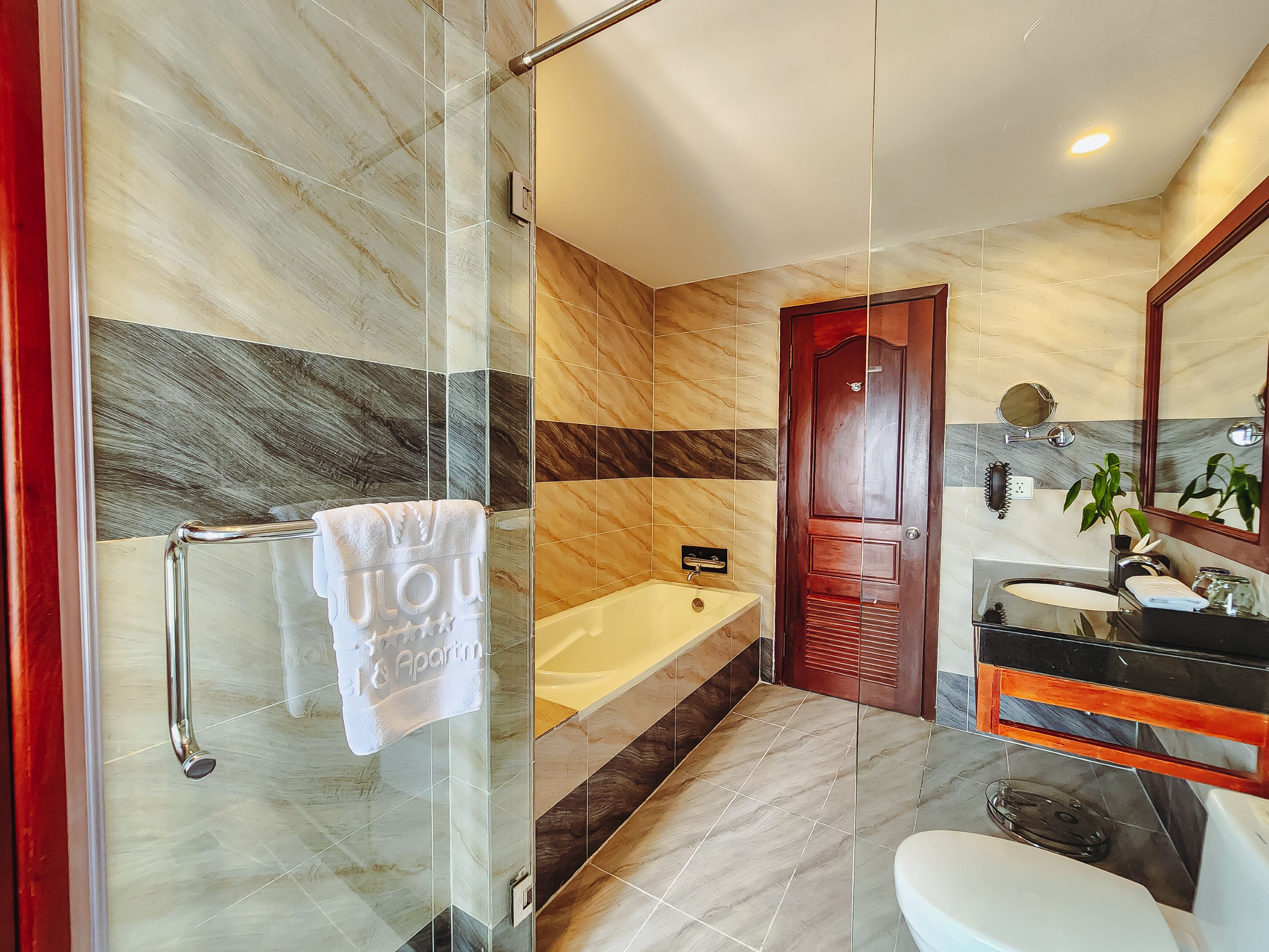 A modern bathroom with a glass shower enclosure, a bathtub, a vanity with a mirror, and a toilet.