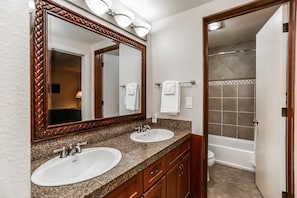 Combined shower/bathtub, hair dryer, towels, soap - Stunning Views, Closest to Mt. Bachelor, Resort Amenities & Year-Round Fun! (Bend)