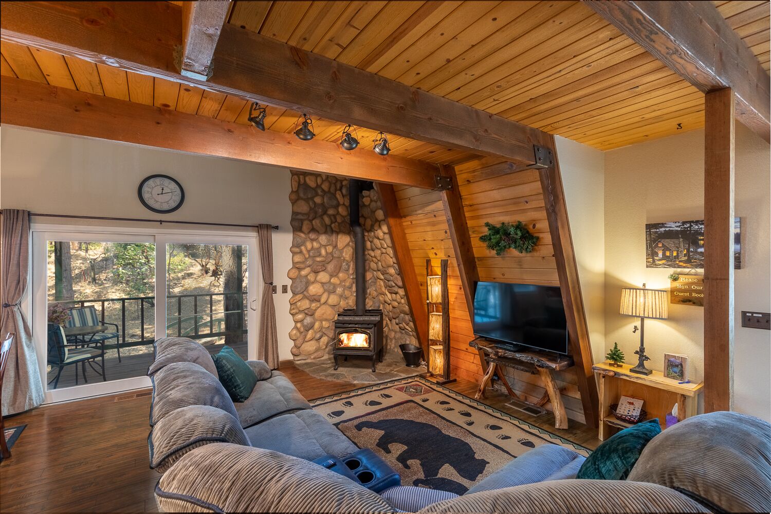 Smart TV, fireplace, foosball