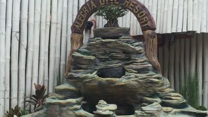 Una formación rocosa con un arco de madera que indica "EL GRACIA DIVE RESORT".