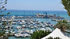 A marina with numerous boats docked, surrounded by palm trees and a clear view of the sea. - Apartamento Vela (Torre de la Horadada) (Pilar de la Horadada)