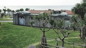 A grassy area with a small building, palm trees, and a distant view of the sea. - Ocean View Araha 205 (Chatan)