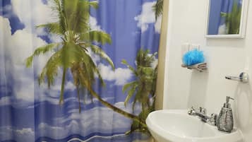 Secador de cabelo, toalhas de banho, sabonete, shampoo