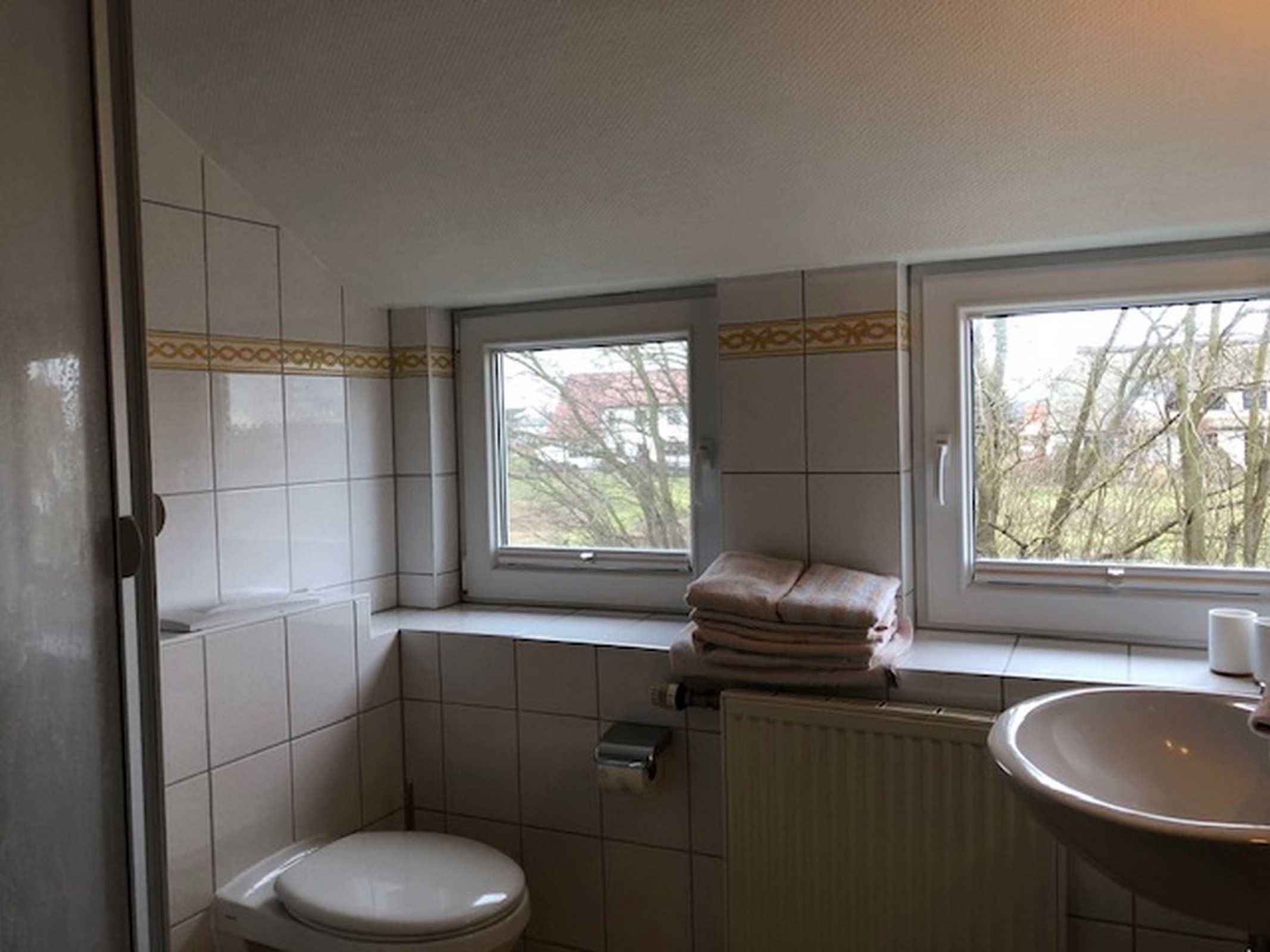 Hair dryer, towels, toilet paper