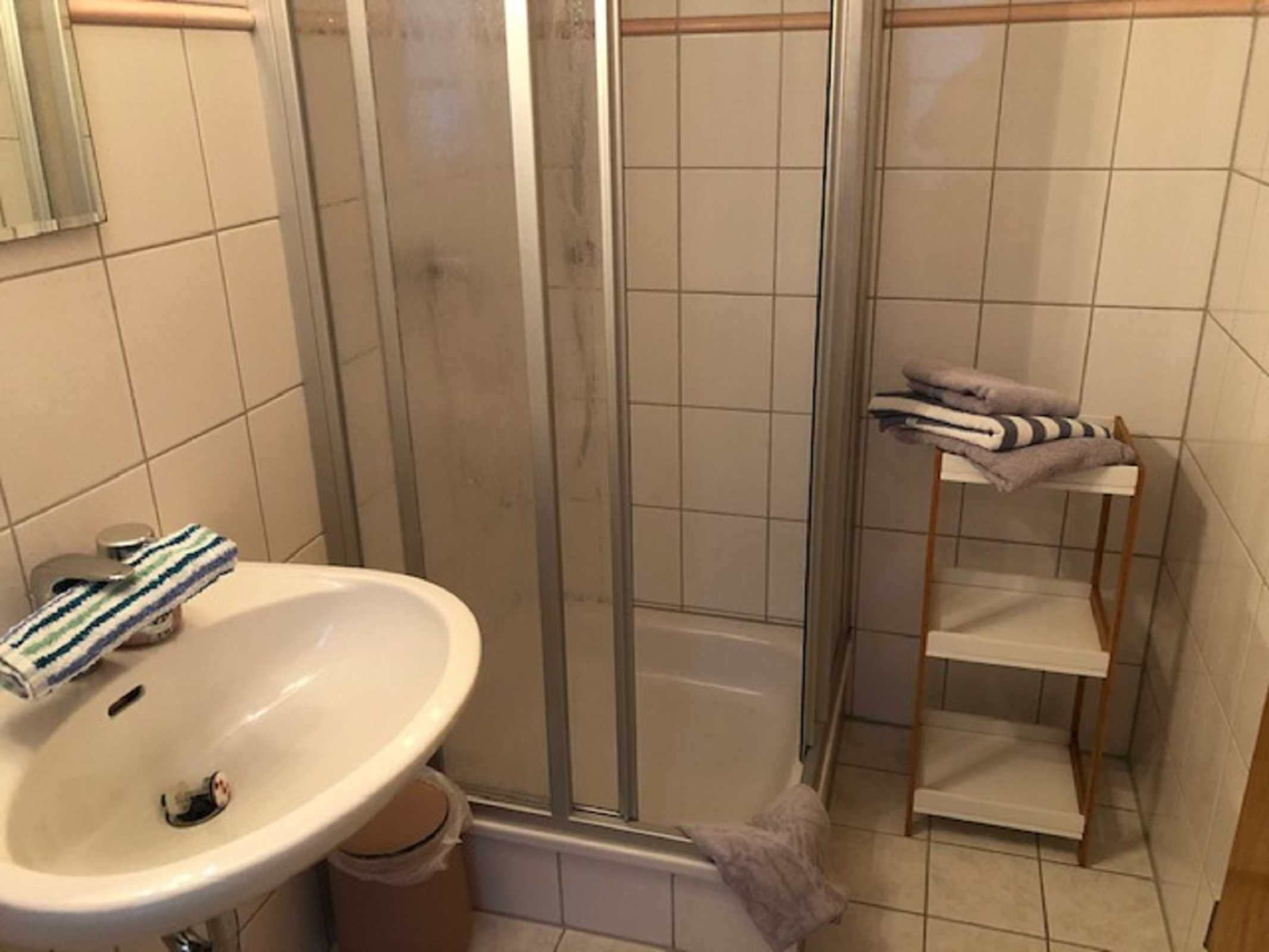 Shower, hair dryer, towels, toilet paper