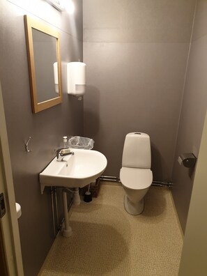 Casa de banho pequena com lavatório branco, sanita e espelho.