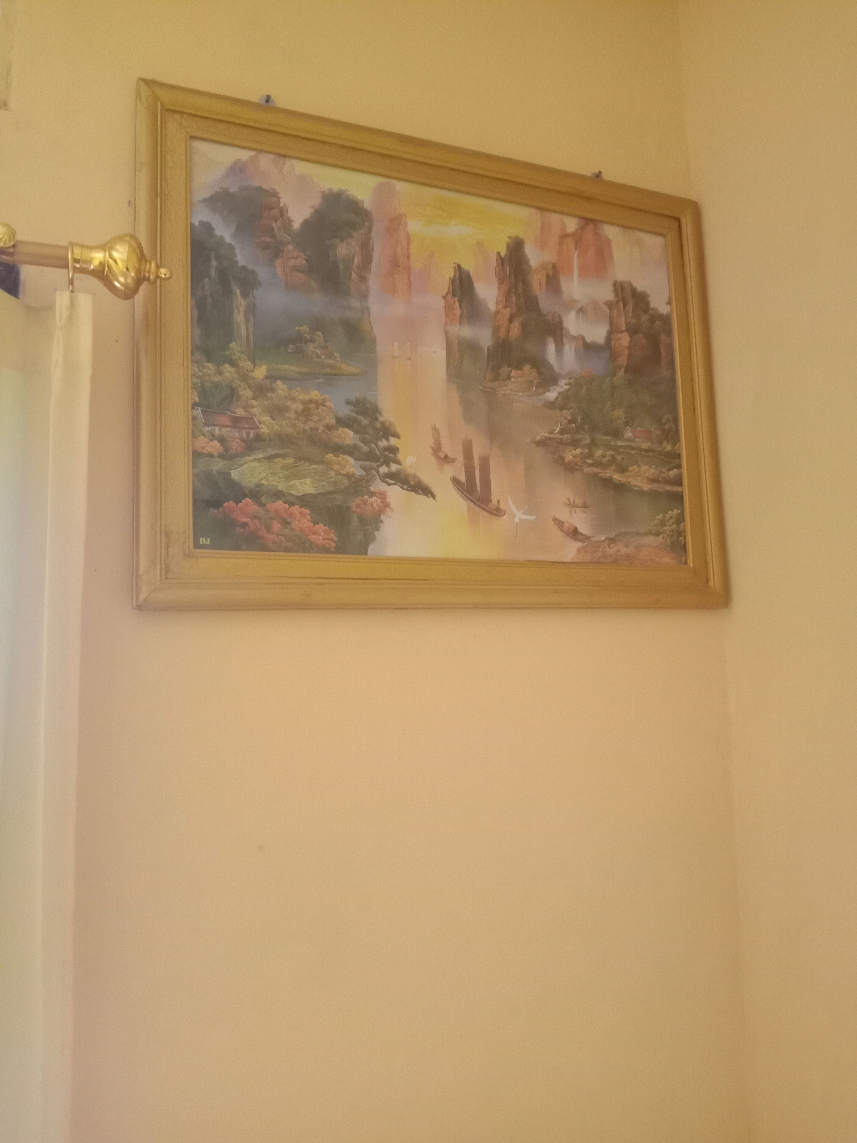 Een ingelijst landschap op een muur.