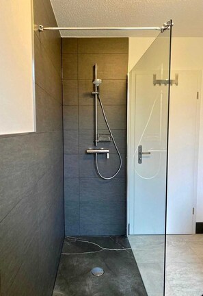 Chuveiro, secador de cabelo, toalhas de banho, sabonete
