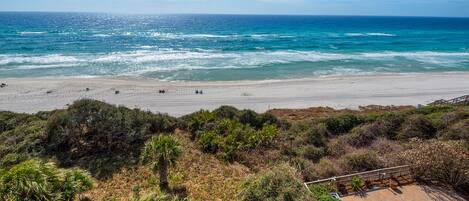 A beach with a sandy shore, a few people, and a view of the ocean.