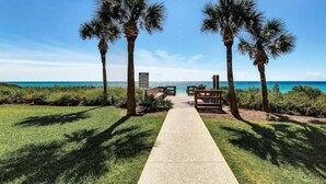 A pathway leading to beachside seating with palm trees and a clear view of the ocean. - Seagrove Beach | Gulf Side + Free Tickets: Bikes, Dolphin Cruise & More! (Santa Rosa Beach)