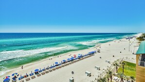 A beach with rows of sun loungers and umbrellas, a clear blue sky, and the ocean. - 3 BR, 3 BA Gulf-front condo. 2 Masters on HUGE balcony, Free Beach Chairs! (Panama City Beach)