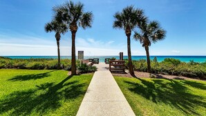 A pathway leading to beachside seating with palm trees and a clear view of the ocean.