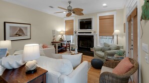 Smart TV, fireplace, DVD player, books