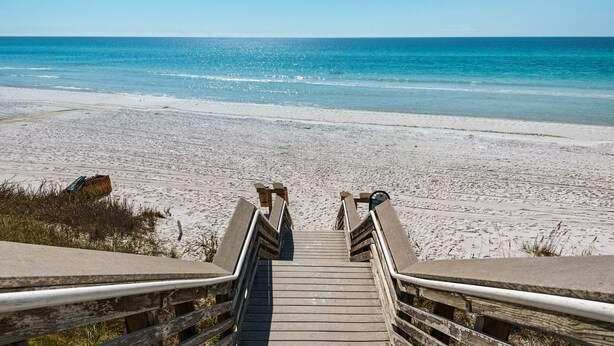 A wooden boardwalk leading to a beach with a clear view of the ocean. - Coastal Condo for 6 w/ Pool, 6 Mins to the Beach + Free Attraction Tickets! (Santa Rosa Beach)
