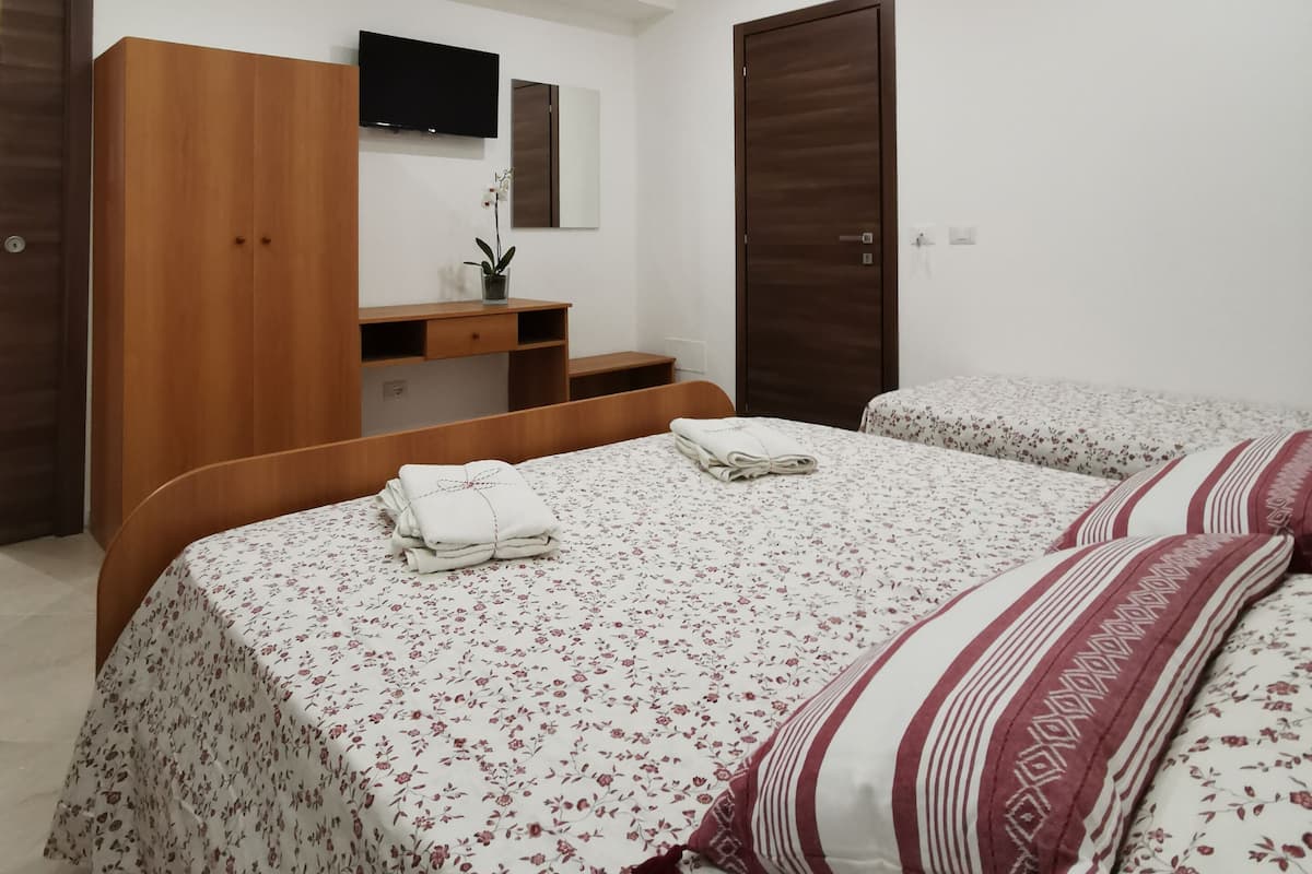 Un dormitorio con cama, un armario de madera, un televisor y un espejo.