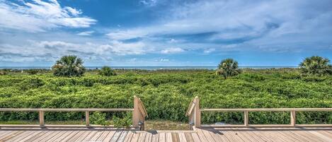 Una terraza de madera con sillas reclinables azules que dan a un paisaje verde exuberante bajo un cielo despejado.