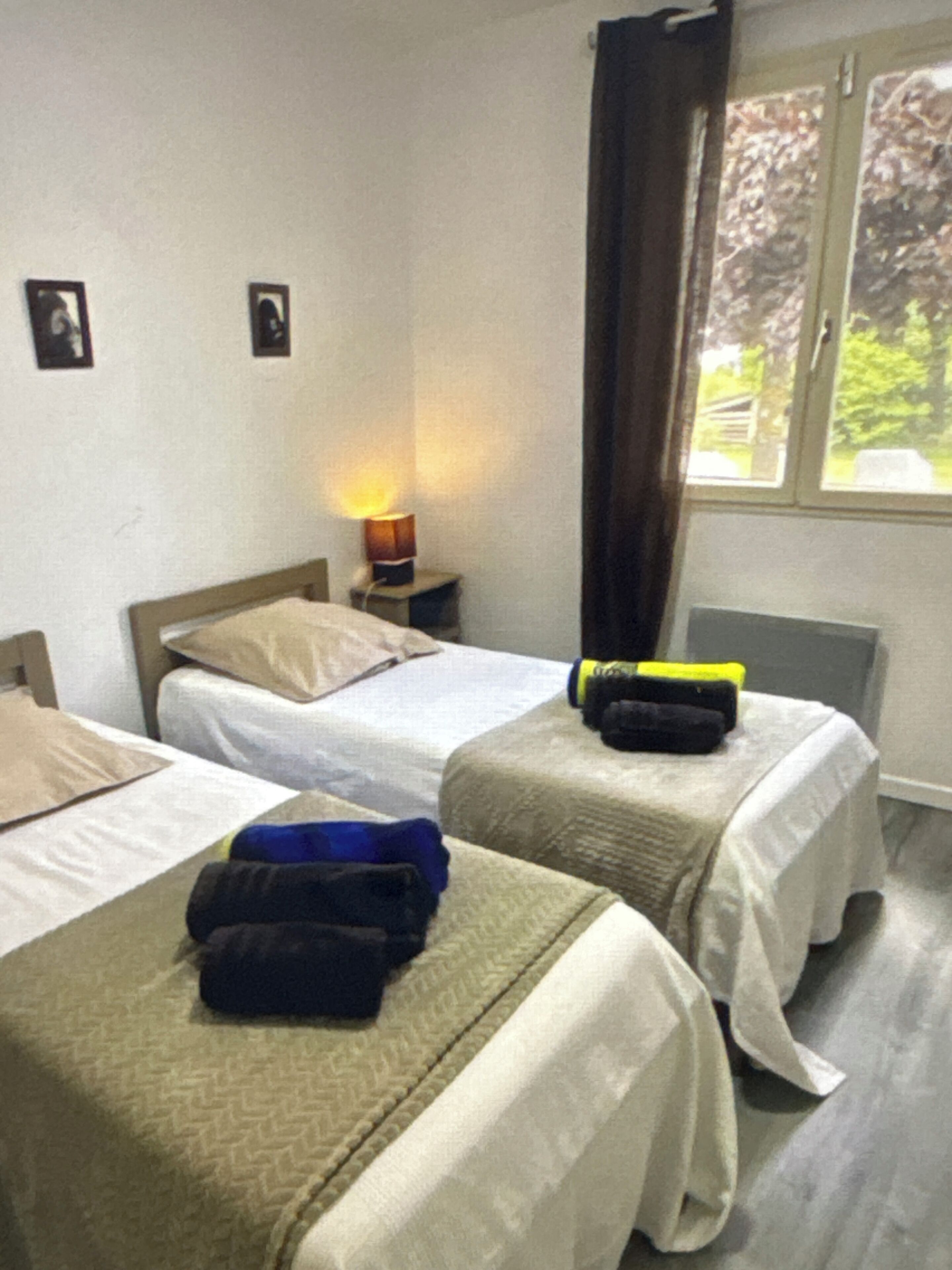Habitación de hotel con dos camas individuales, una mesita de noche con lámpara y una ventana con cortinas.