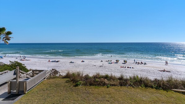 A beach with a wooden boardwalk leading to the shore, sandy beach, and ocean. - Gulf Front in Seagrove, Amazing Views, Pool + Free Attraction Tickets! (Santa Rosa Beach)