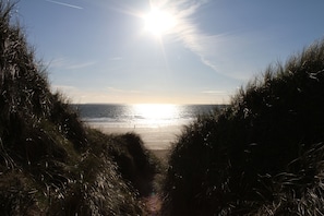 A pathway leading to a beach with the sun low on the horizon.